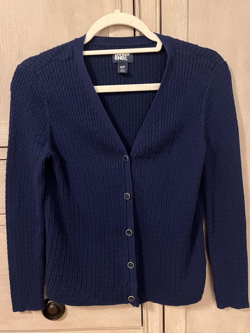 Lands' End Navy Textured V-Neck Button Cardigan